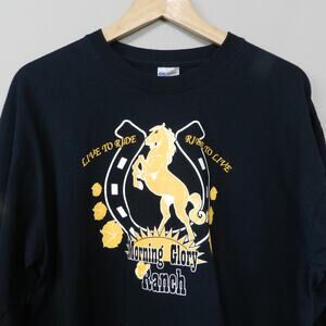 Vintage Graphic Tee Size L Gildan Black‎ Gold Morning Glory Ranch Western Horses